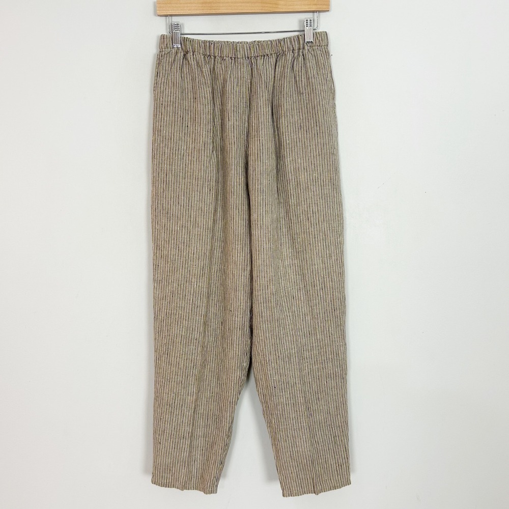 FLAX Pants Purple Yellow Striped Elastic Waist 100% Linen Size Small Women